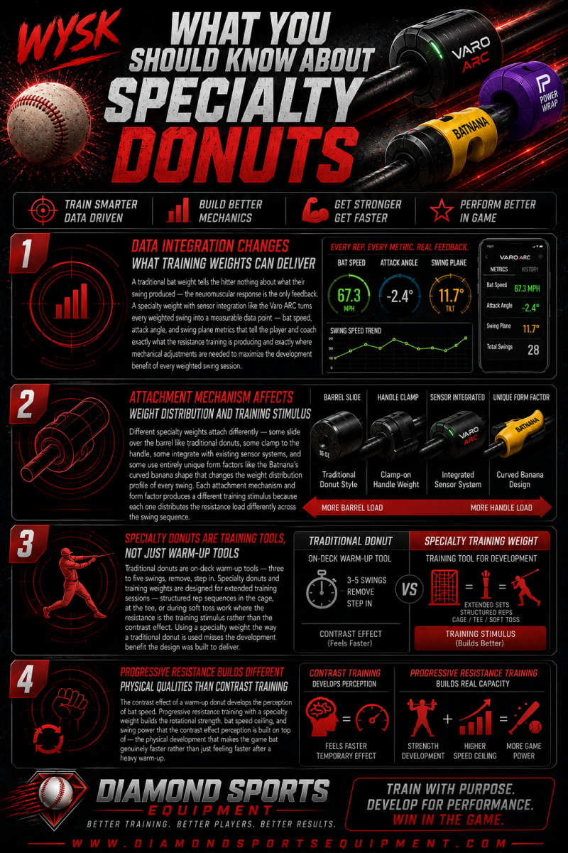 Specialty donuts baseball training infographic explaining data-driven swing training, attachment mechanisms, progressive resistance development, and weighted swing performance tools with Diamond Sports Equipment branding.