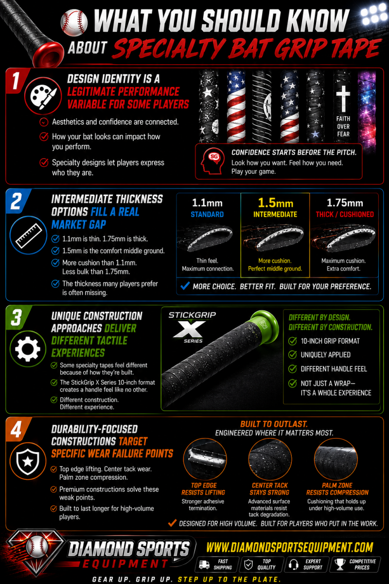 Specialty baseball bat grip tape infographic covering custom bat grip designs, grip tape thickness options, specialty grip construction, and durable bat handle wraps with official Diamond Sports Equipment branding.