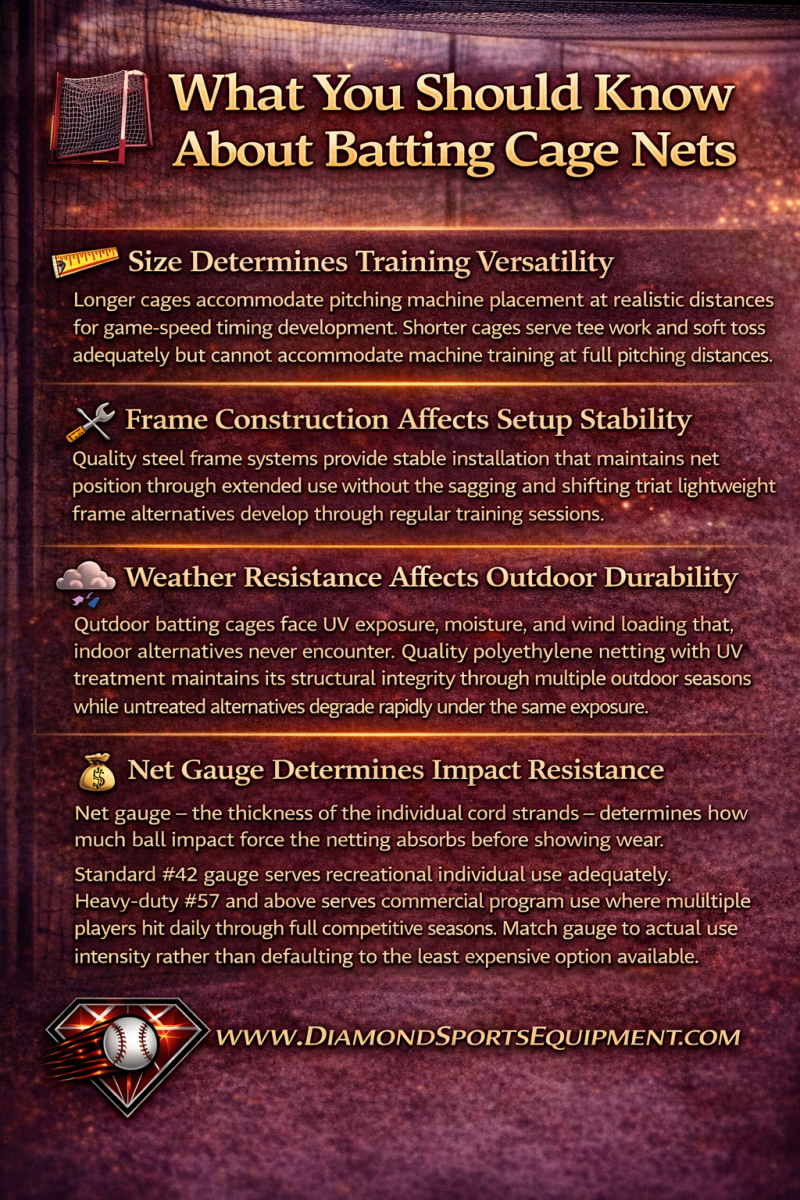 Batting cage nets infographic explaining size, frame construction, weather resistance, and net gauge with baseball training visuals and DSE branding