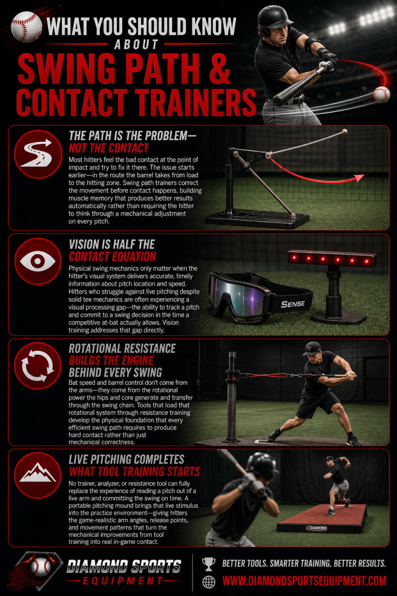Swing path and contact trainers infographic featuring baseball swing trainers, vision training tools, rotational resistance training, portable pitching mounds, and Diamond Sports Equipment branding.