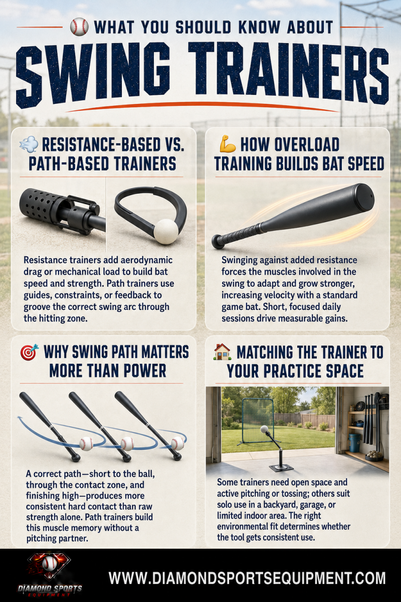 Baseball swing trainer guide showing resistance tools, an overload bat, swing path demonstrations, and a backyard practice setup.