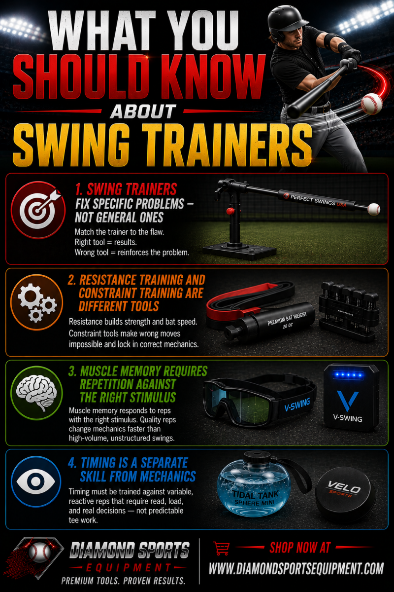 Swing trainers infographic featuring baseball swing path trainers, resistance bat speed tools, vision reaction trainers, timing development tools, and Diamond Sports Equipment branding.