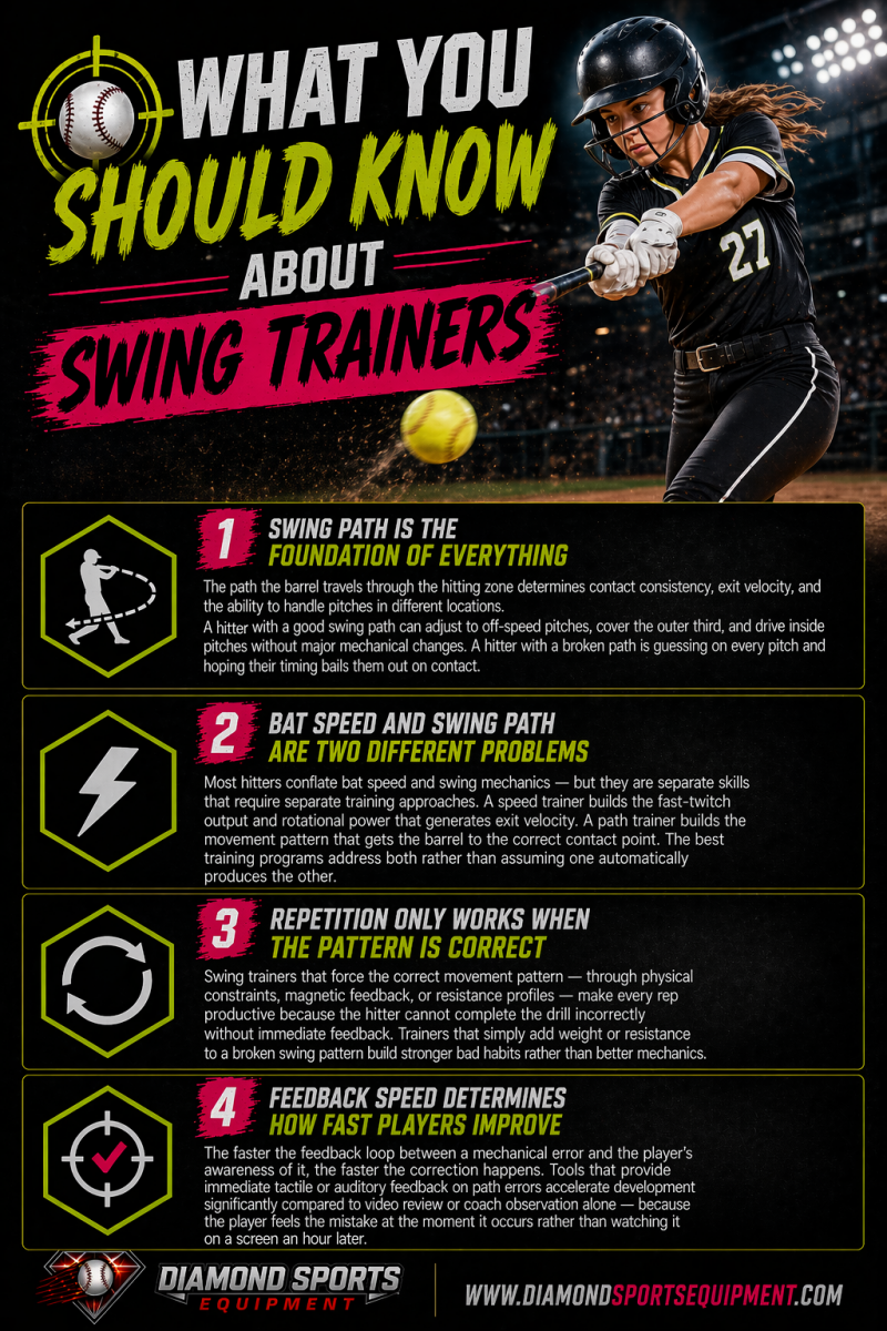 Swing trainers “What You Should Know” infographic covering swing path, bat speed vs mechanics, repetition quality, and feedback speed with DSE branding.