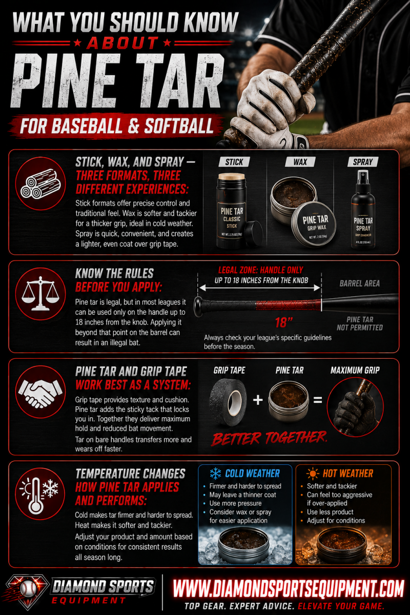 Pine tar infographic covering stick, wax, and spray formats, legal bat application rules, grip tape compatibility, and temperature effects on baseball and softball grip performance.