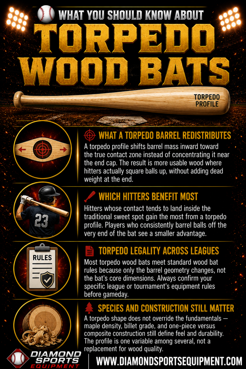 Torpedo wood bat guide covering torpedo barrel design, ideal hitter profiles, league legality, and wood species for baseball players.
