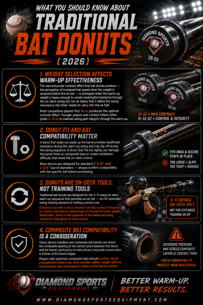 Traditional bat donuts infographic explaining warm-up weight selection, bat compatibility, proper on-deck use, and composite bat safety considerations with Diamond Sports Equipment branding.