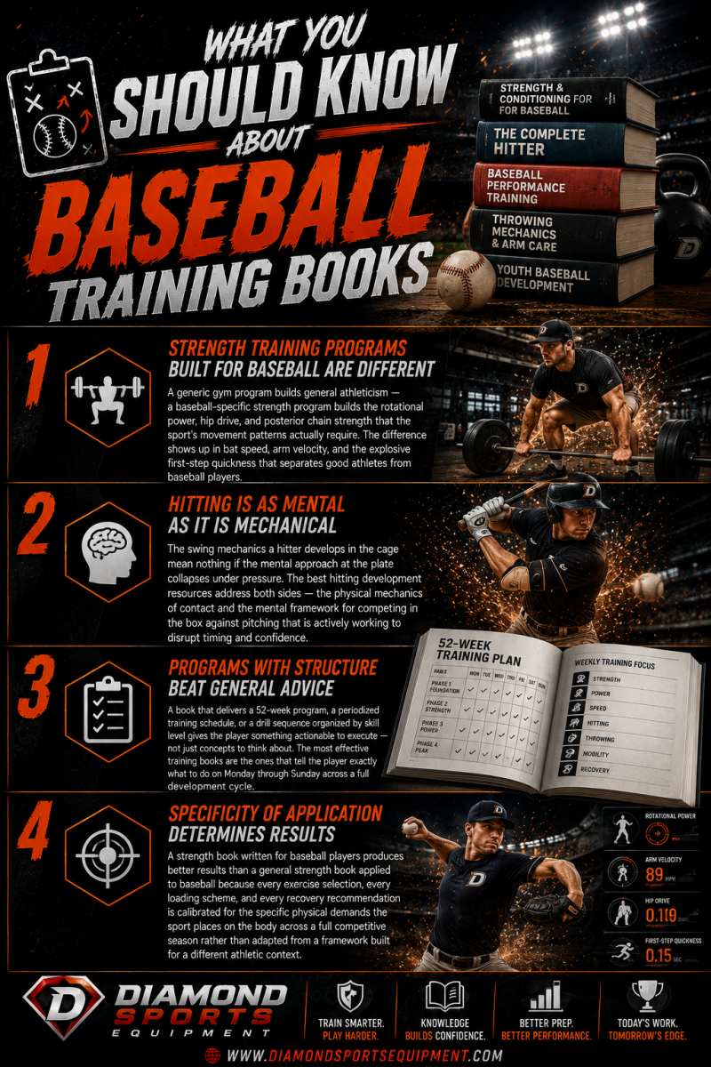 Baseball Training Books infographic featuring baseball-specific strength training programs, mental hitting development, structured training plans, and performance-focused player development resources in a dramatic cosmic stadium-style sports graphic.