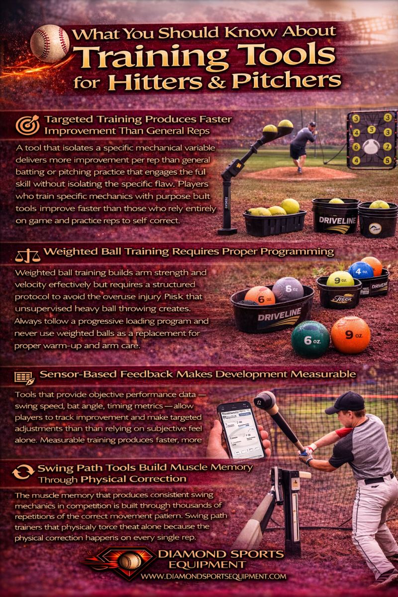 Infographic explaining targeted training, weighted ball programming, sensor-based feedback, and swing path development with Diamond Sports Equipment branding.