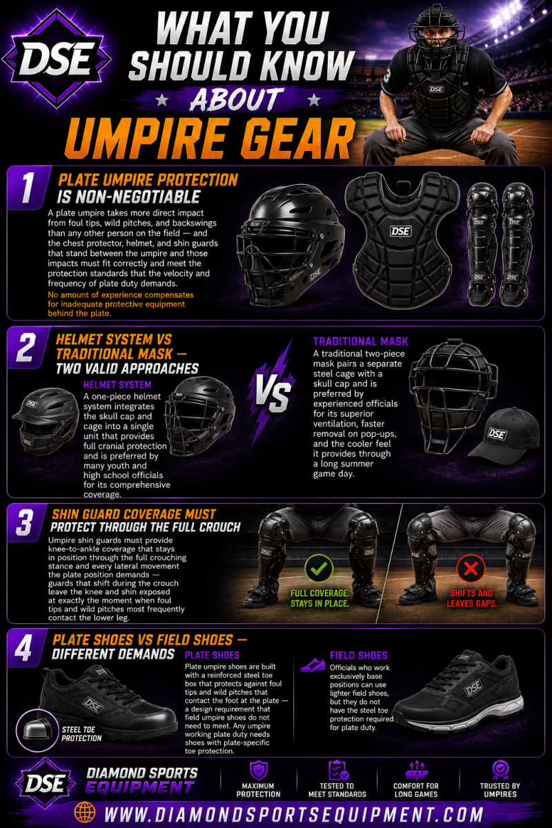 Umpire Gear infographic covering plate umpire protection, helmet systems vs traditional masks, shin guard coverage, and plate shoes for baseball and softball umpires.