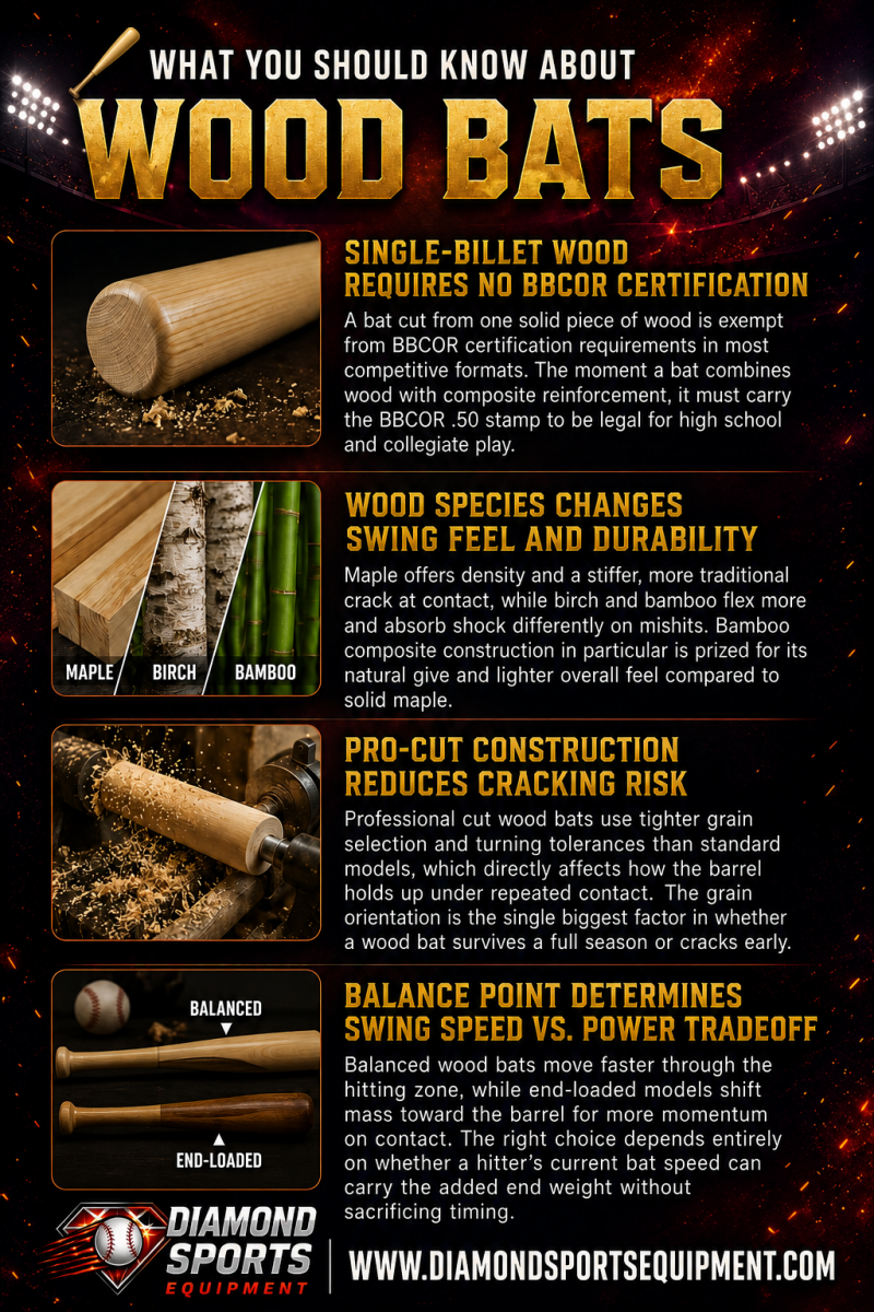 What You Should Know About Wood Bats infographic covering single-billet vs BBCOR certification, wood species, pro-cut construction, and balance point.