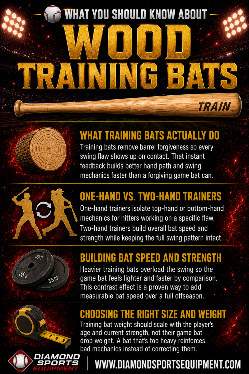 Wood training bat guide covering training bat purpose, one-hand vs. two-hand trainers, bat speed development, and choosing the right training bat weight.