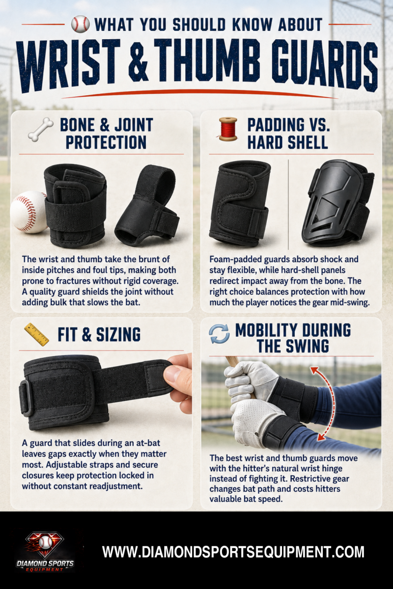 Wrist and thumb guard guide showing joint protection, padding types, fit, and swing mobility.