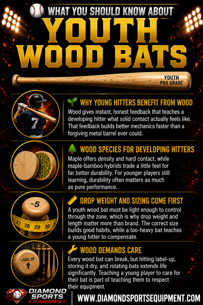 Youth wood bat guide covering the benefits of wood bats, wood species, proper sizing, drop weight, and wood bat care for young baseball players.