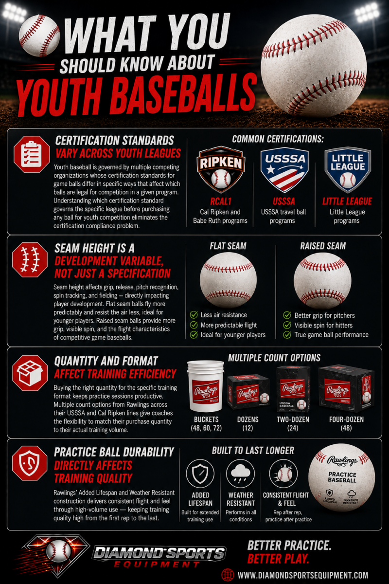 Infographic titled “What You Should Know About Youth Baseballs” featuring certification standards, seam height comparisons, practice ball durability, and training quantity options with Diamond Sports Equipment branding on a dark stadium-style background.