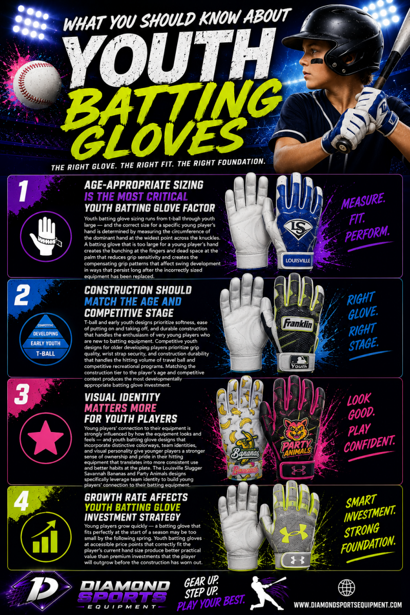 Youth batting gloves infographic covering glove sizing, construction, visual styles, and batting glove investment tips for young baseball and softball players.