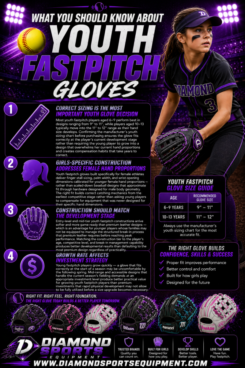 Youth fastpitch gloves infographic explaining sizing, girls-specific fit, construction tiers, and glove investment strategies on a purple stadium background with Diamond Sports Equipment branding and bright white website URL.