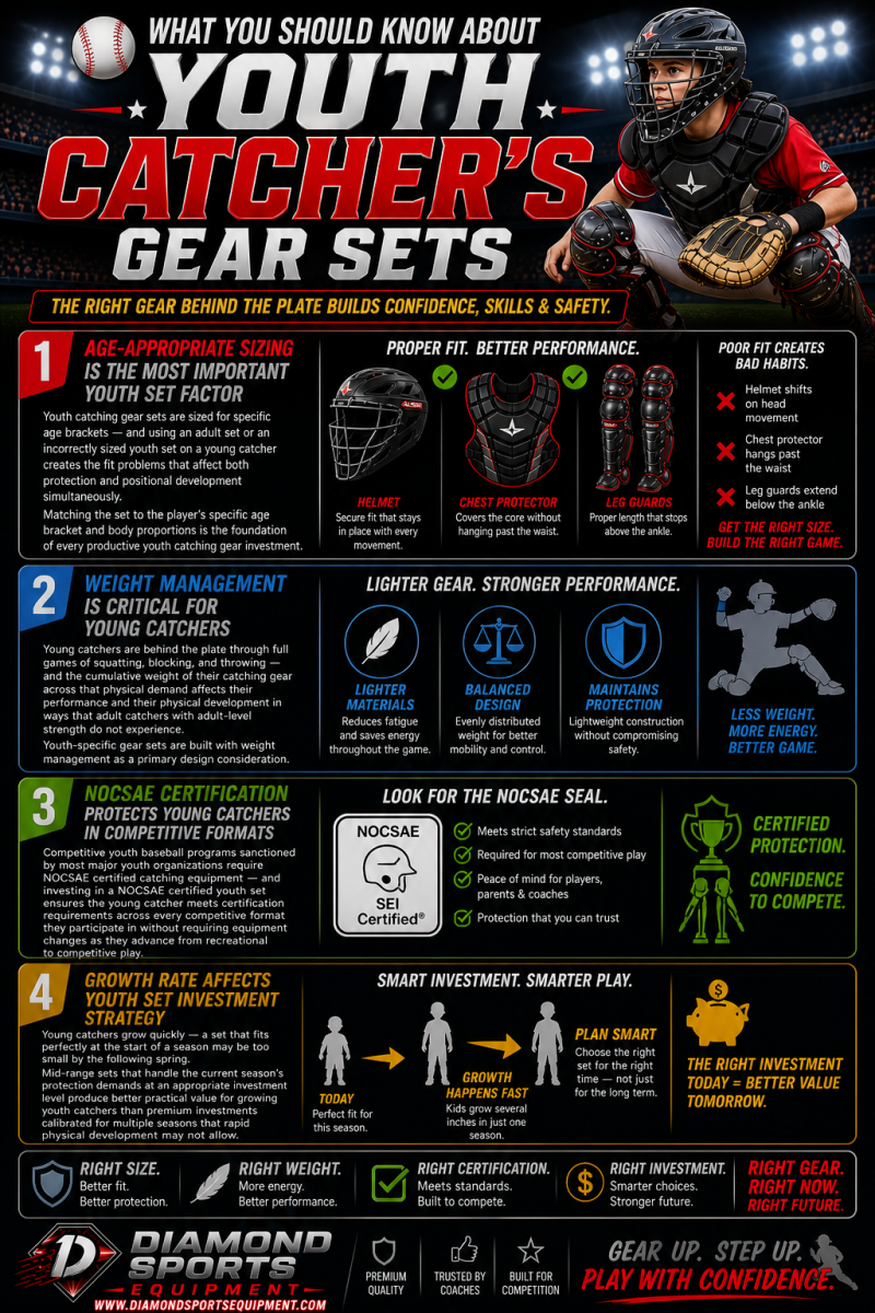 Youth catcher’s gear sets infographic highlighting sizing, weight, certification, and value on a dark stadium background with Diamond Sports Equipment branding.