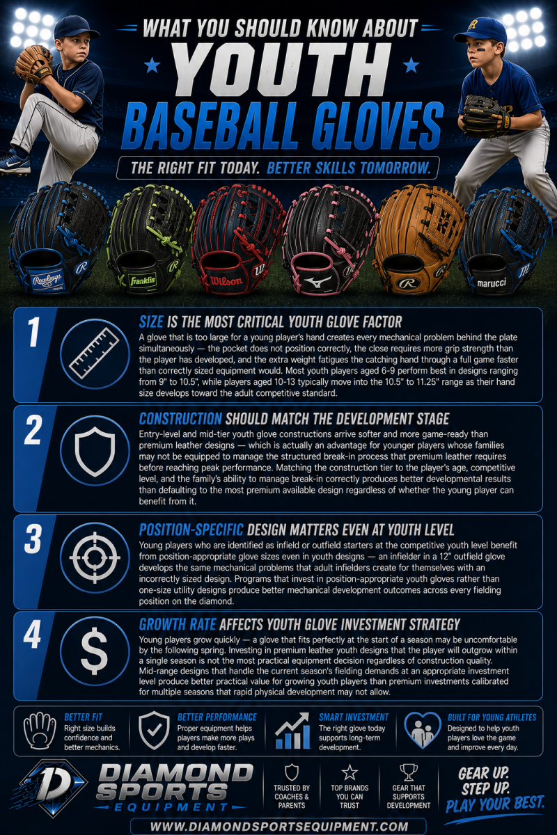 Youth baseball gloves infographic explaining glove sizing, construction, position-specific designs, and investment strategy on a dark stadium background with Diamond Sports Equipment branding.