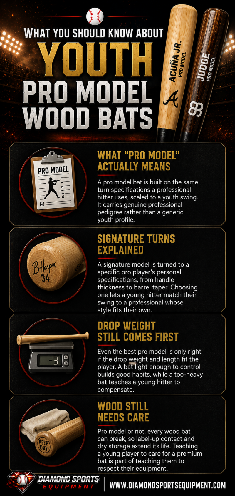 Youth pro model wood bats infographic explaining pro model turns, signature bat profiles, proper drop weight, and wood bat care.