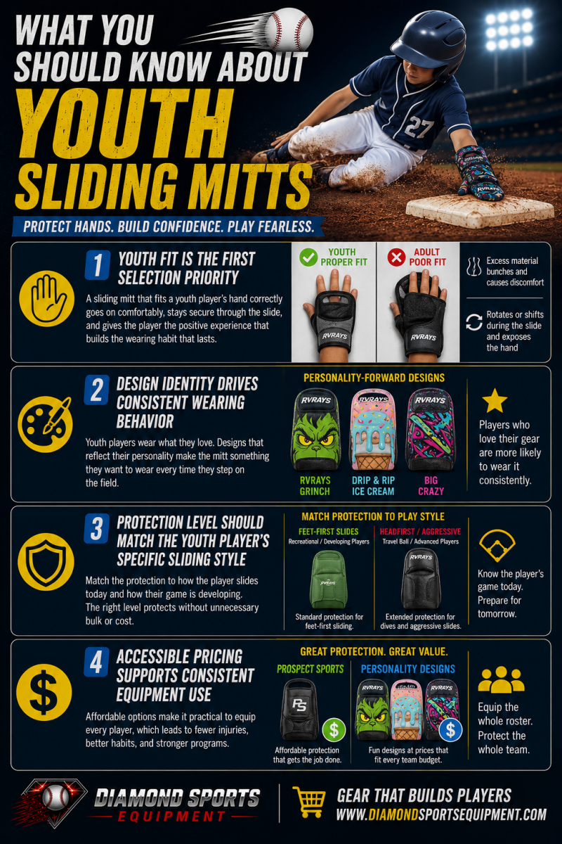 Youth sliding mitt infographic featuring youth baseball sliding mitt protection, youth fit comparison, colorful sliding mitt designs, and Diamond Sports Equipment branding.