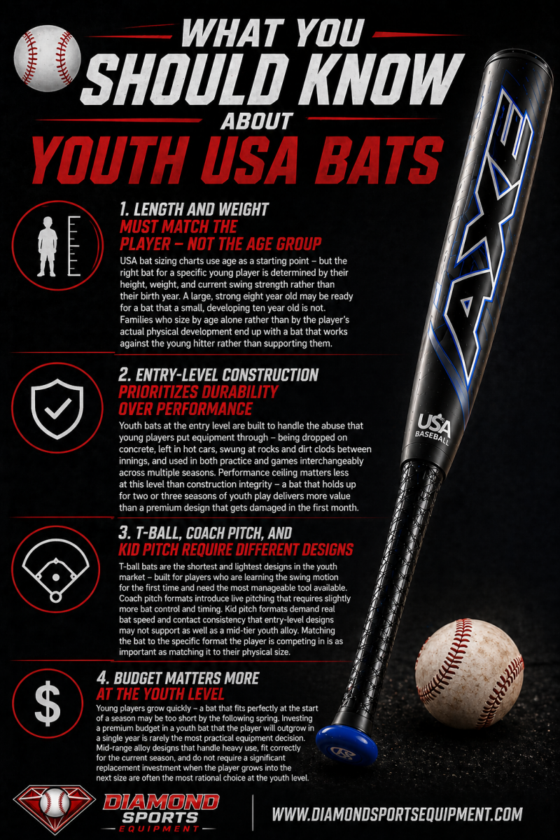 Youth USA bats “What You Should Know” infographic covering sizing, durability, format differences, and budget considerations with DSE branding.