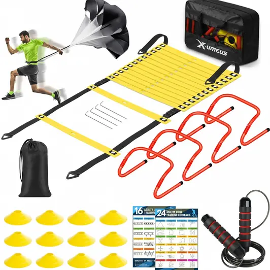 X-UMES Agility Ladder Speed Training Equipment Set displayed showing its complete set including ladder, hurdles, parachute, and cones.