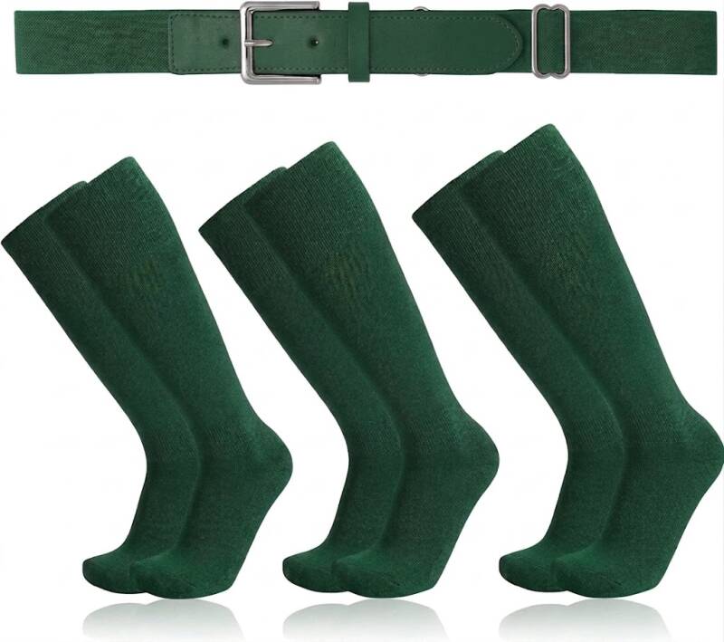 Baseball belt and dark green knee-high socks set with three pairs of socks — WHIPPY Baseball Socks and Belt Combo.