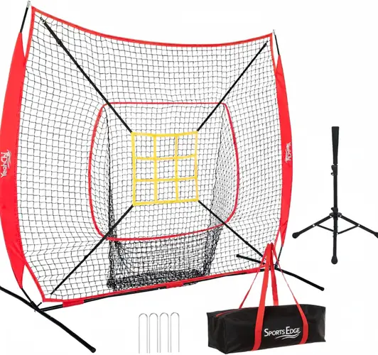 YeahChi 7x7FT Baseball Net displayed showing its integrated strike zone target, batting tee, and steel frame hitting station setup.