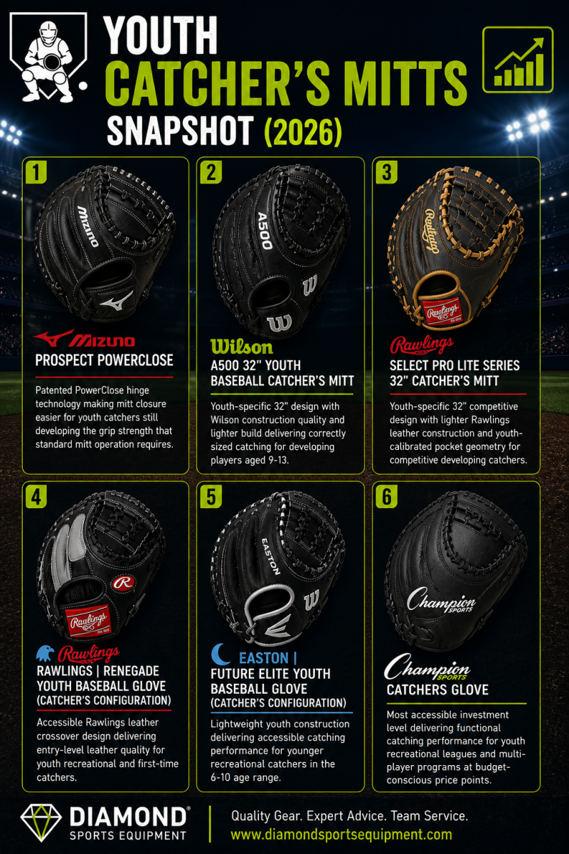 Youth catcher’s mitts snapshot infographic showing six mitts in a clean 2x3 grid on a dark stadium background with product names and Diamond Sports Equipment logo and URL in the bottom left.