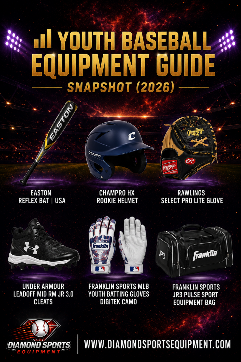 Easton Reflex Bat, Champro HX Rookie Helmet, Rawlings Select PRO Lite Glove, Under Armour Leadoff Cleats, Franklin Digitek Camo Batting Gloves, and Franklin JR3 Pulse Equipment Bag in the Youth Baseball Equipment Guide Snapshot (2026).
