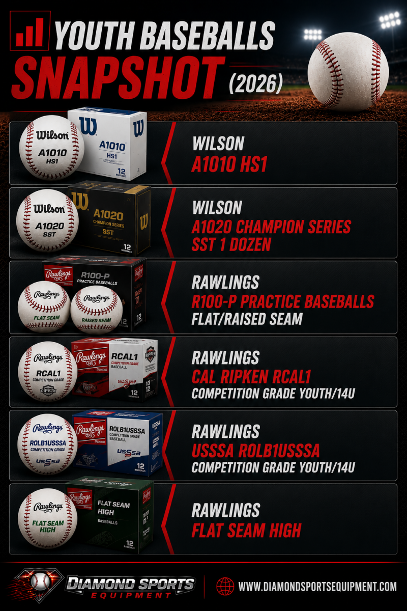 Youth Baseballs Snapshot 2026 graphic featuring Wilson and Rawlings youth baseballs with Diamond Sports Equipment branding on a dark stadium background.