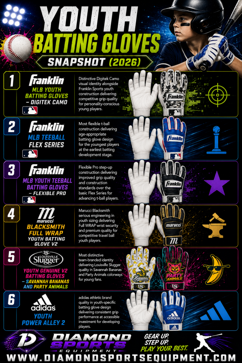 Youth batting gloves snapshot featuring six batting glove models for tee-ball, travel ball, and developing baseball players.