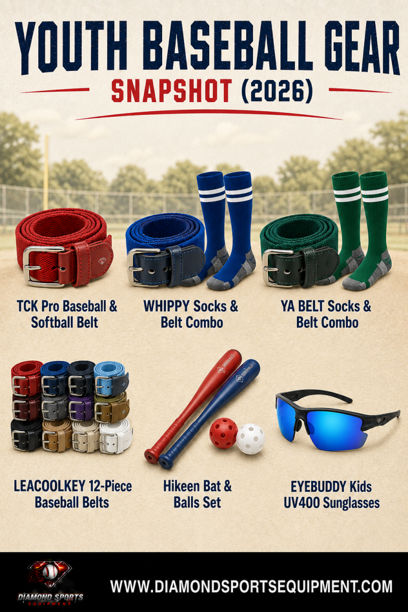 Youth Baseball Gear Snapshot graphic displaying six products including belts, socks, a bat and balls set, and sunglasses on a baseball field background.
