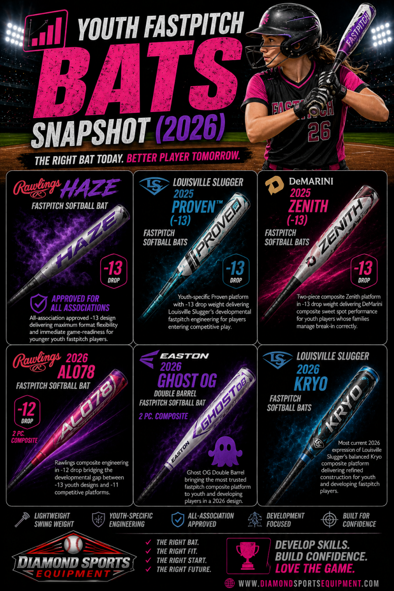 Youth fastpitch bats snapshot infographic showing six bats in a clean 2x3 layout with product names and Diamond Sports Equipment branding in the bottom left.