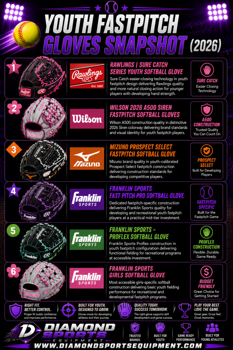 Youth fastpitch gloves snapshot showing six softball gloves in a vertical comparison layout on a purple stadium background with Diamond Sports Equipment branding and bright white website URL.