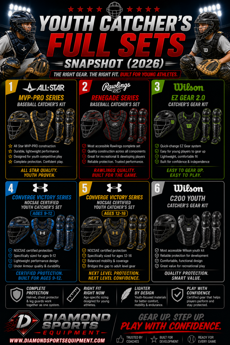 Youth catcher’s gear sets snapshot showing six full kits in a two-row grid on a dark stadium background with Diamond Sports Equipment branding.