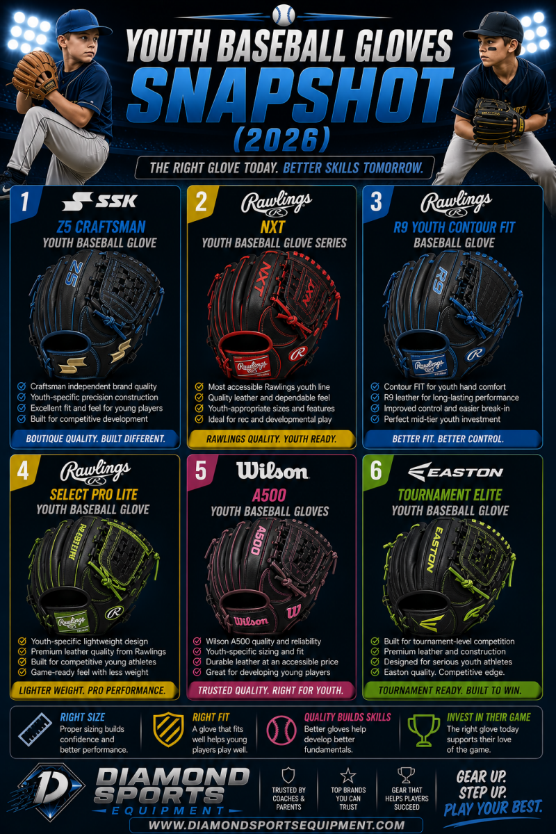 Youth baseball gloves snapshot showing six youth glove models in a two-row grid on a dark stadium background with Diamond Sports Equipment branding.