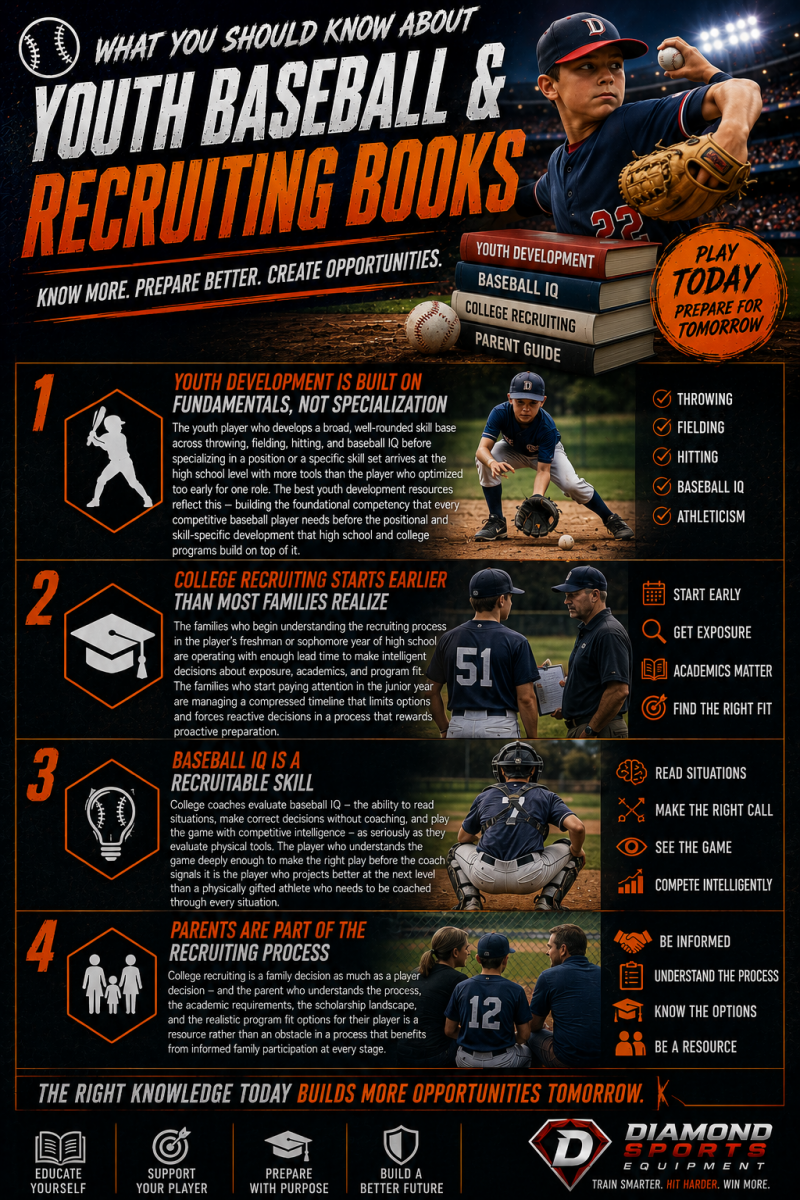 Youth Baseball & Recruiting Books infographic featuring youth player development, college recruiting preparation, baseball IQ training, and family recruiting guidance in a dramatic cosmic stadium-style sports graphic with Diamond Sports Equipment branding