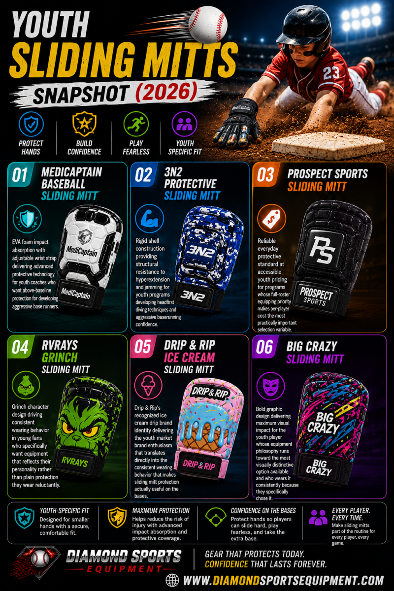 Youth Sliding Mitts Snapshot 2026 graphic featuring MediCaptain, 3N2, Prospect Sports, RVRAYS Grinch, Drip & Rip Ice Cream, and Big Crazy youth baseball sliding mitts with Diamond Sports Equipment branding.