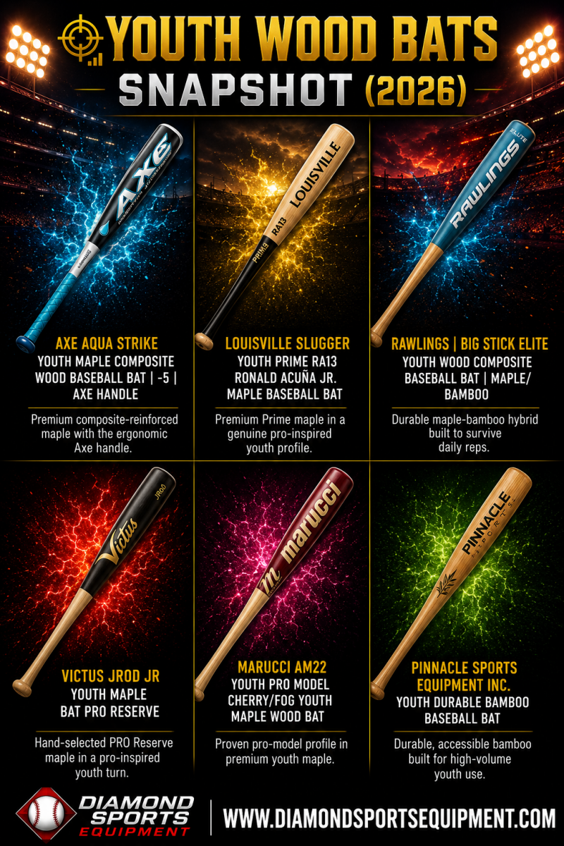 Youth wood bat comparison featuring Axe, Louisville Slugger, Rawlings, Victus, Marucci, and Pinnacle Sports youth wood baseball bats.