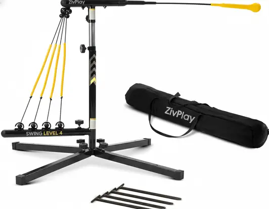 ZivPlay Baseball Hitting Trainer with adjustable ball positioning and swing path feedback mechanism on a neutral background.