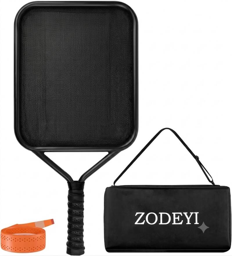 ZODEYI Baseball Racket for Fly Balls shown displaying its mesh hitting surface and frame.