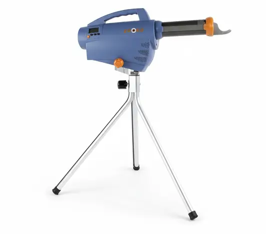 Zooka ZS740 Baseball Pitching Machine displayed showing its compressed-air design and rechargeable battery-powered portable construction.