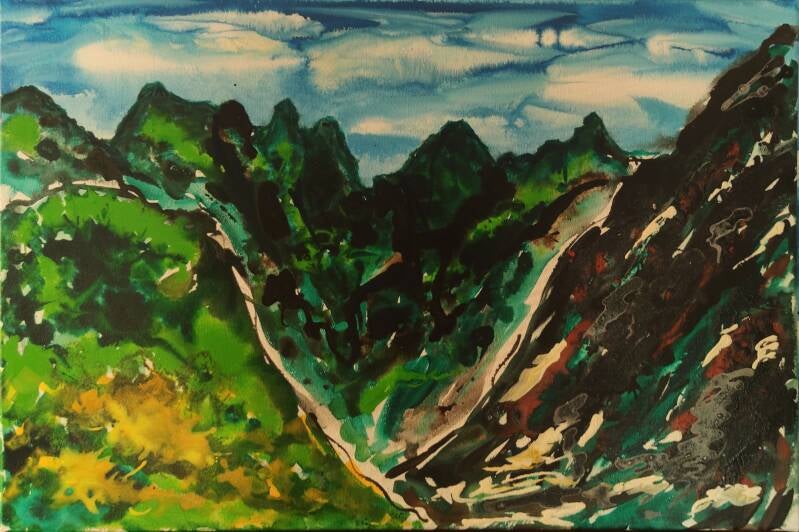 Blick in den Cirque de Cilaos Gemalt von Helga Pfannkuche, Acryltinte auf Leinwand