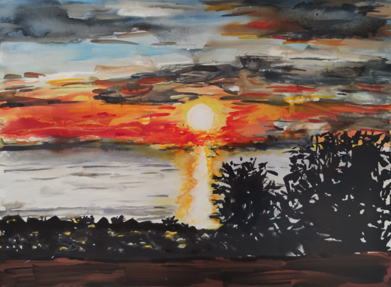 Sunset über der Bucht von St Leu gemalt von Helga Pfannkuche 