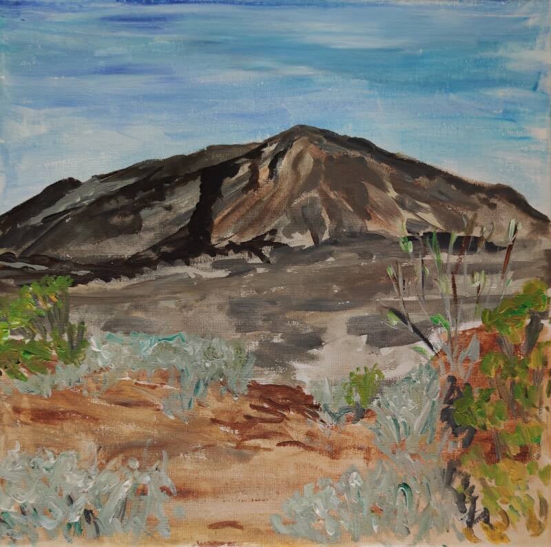 Blick auf den Piton de la Fournaise auf der Insel la Reunion, Gemälde Acryl auf Leinwand von Helga Pfannkuche