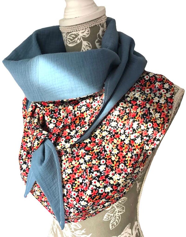 Chèche femme en coton imprimé fleuri corail bleu