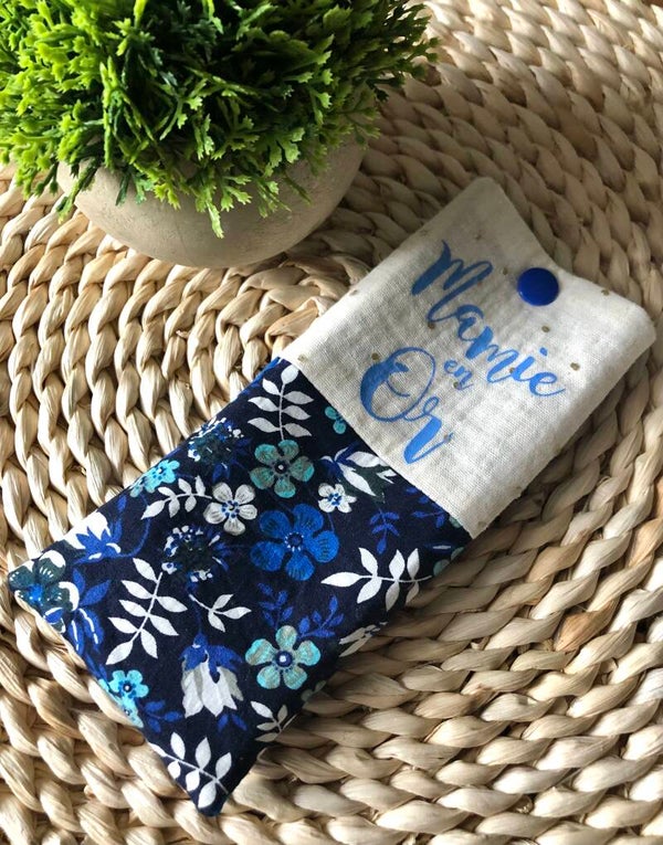Etui à lunettes fleuri tons bleu simili cuir bleu roi