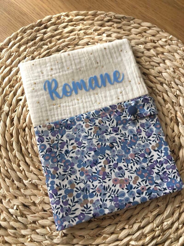 Protège carnet de santé écru pois dorés - bleu