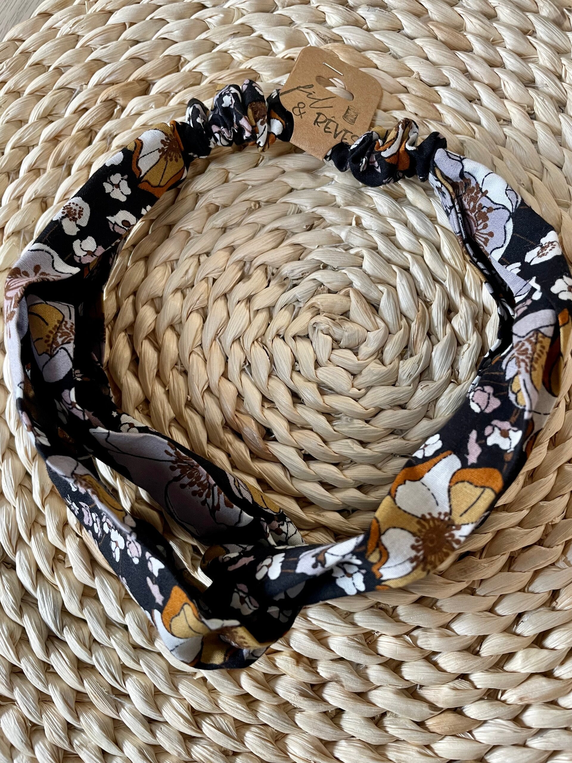 Headband imprimé fleurs noir et camel